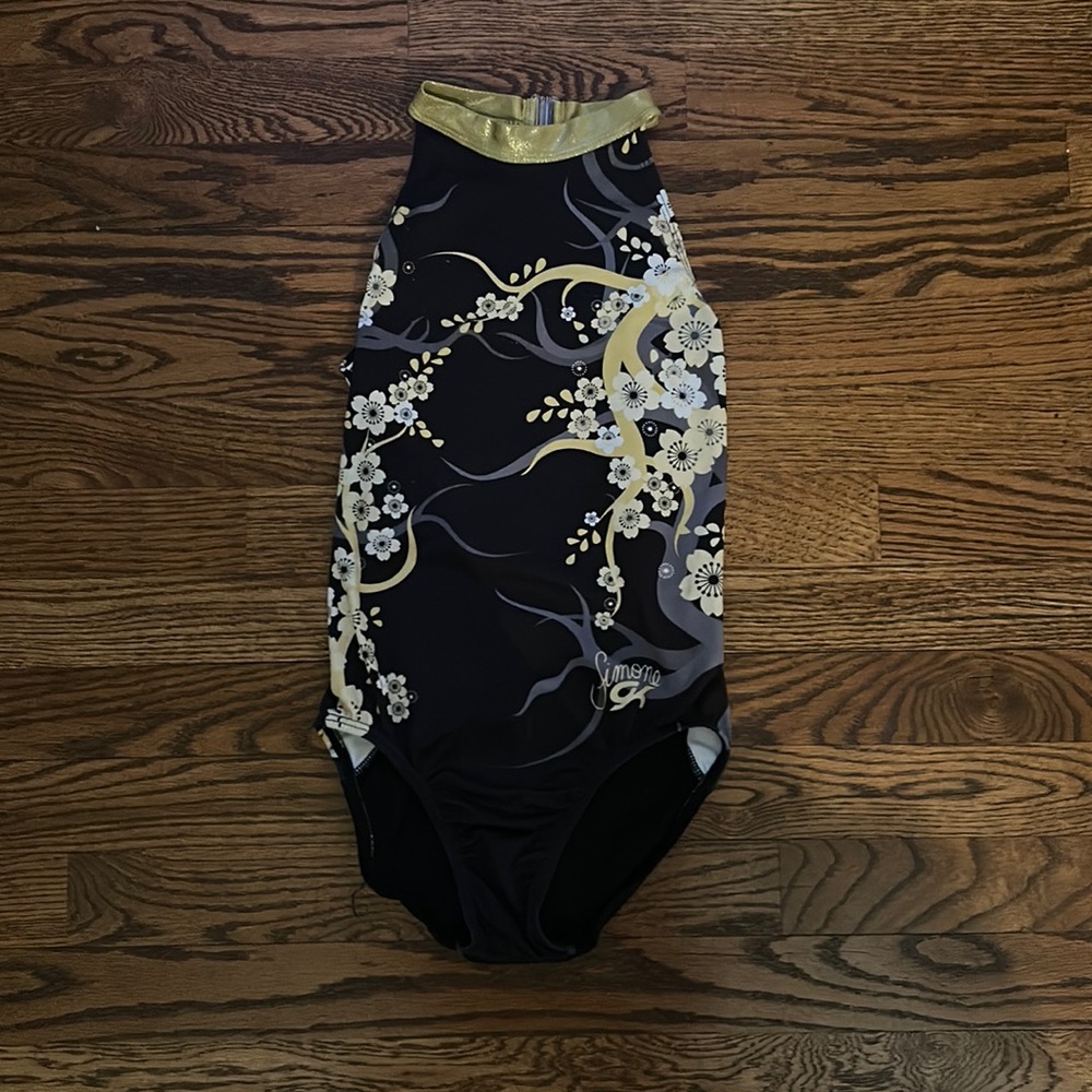 GK Simone leotard black and gold floral